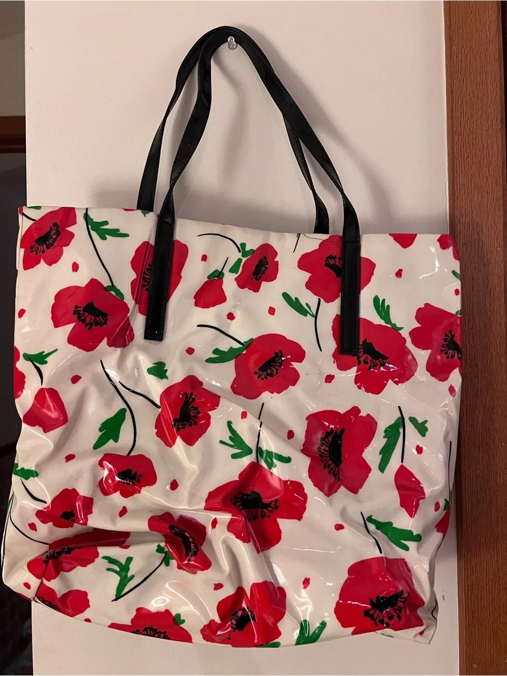 kate spade White Tote with Red Poppy Print and Black Handles